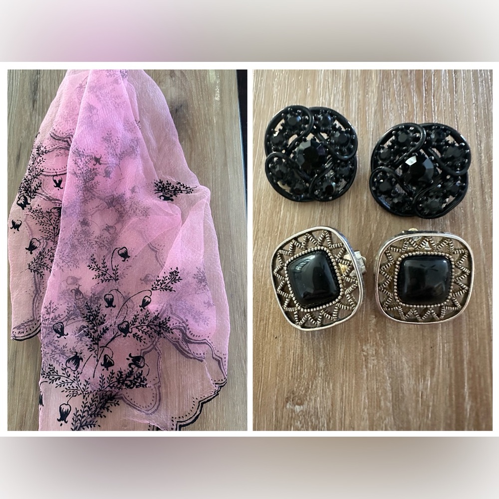 Vintage Flocked Scarf w/ Clip on Earrings